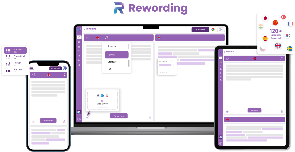 Cross-platform display of Rewording.io's app with paraphrasing options, emphasizing its advanced AI-driven language tools that transform content while maintaining the original message.