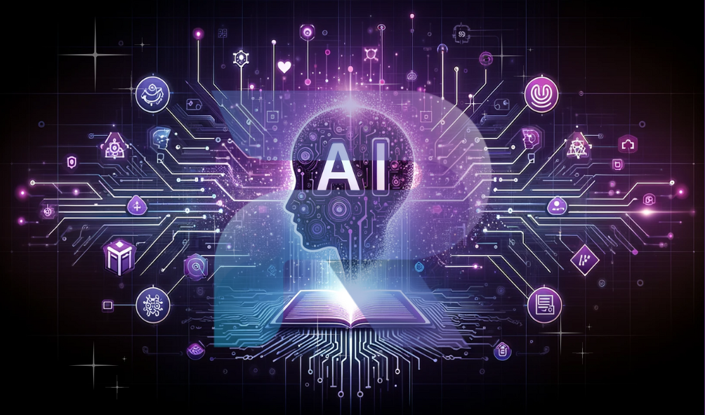 An illustration of a human head outline with glowing AI circuits, symbolizing easy-to-use AI rewording tools that make writing better and ensure original work.