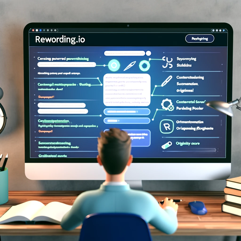 The images have been created to visualize Rewording.io, an AI-powered rephrasing tool, showing a scene with a user interacting with the tool on a laptop in an academic and professional setting.