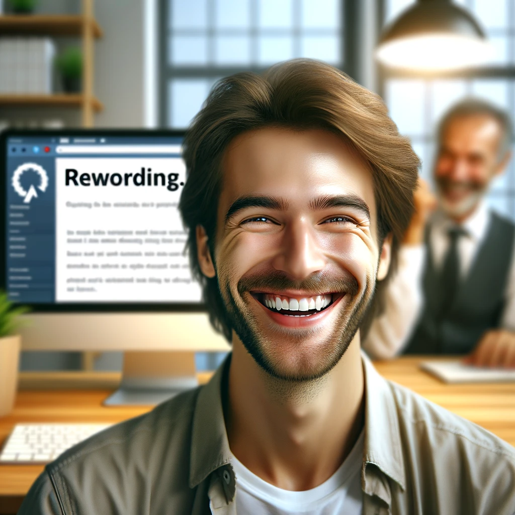 The image has been created to show a male writer in an office, expressing happiness and satisfaction after using Rewording.io, with the branding subtly integrated into the background.