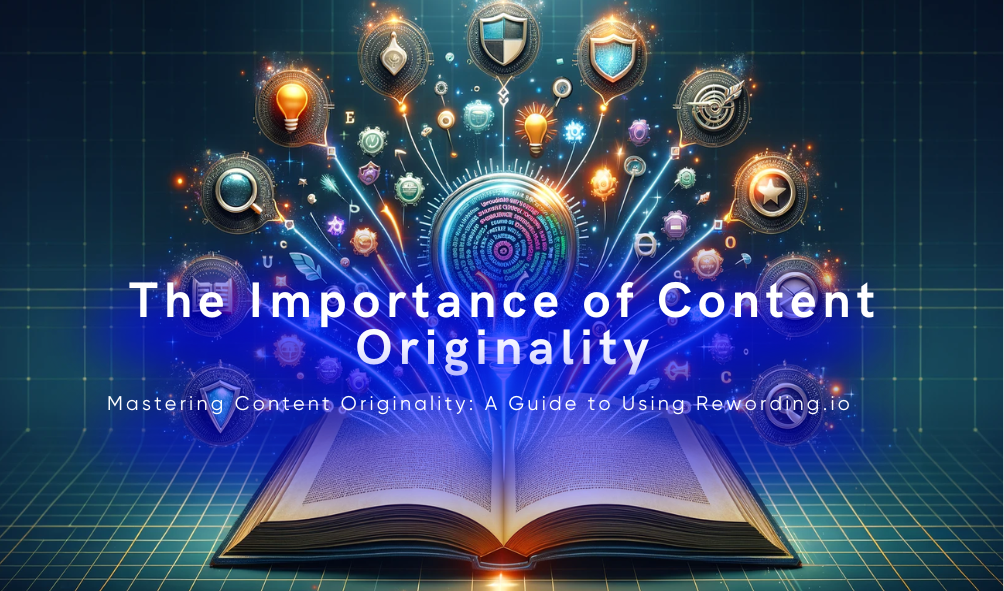 The central element is a large, open book with pages made of digital screens, showcasing dynamic text transformations. Around the book, symbols representing ideas, scrutiny, and protection against plagiarism connect to the text, illustrating the benefits of using Rewording.io.