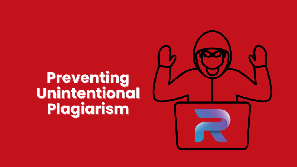 A person in a red hoodie celebrating a victory in front of a laptop with the Rewording.io logo, promoting the prevention of unintentional plagiarism.